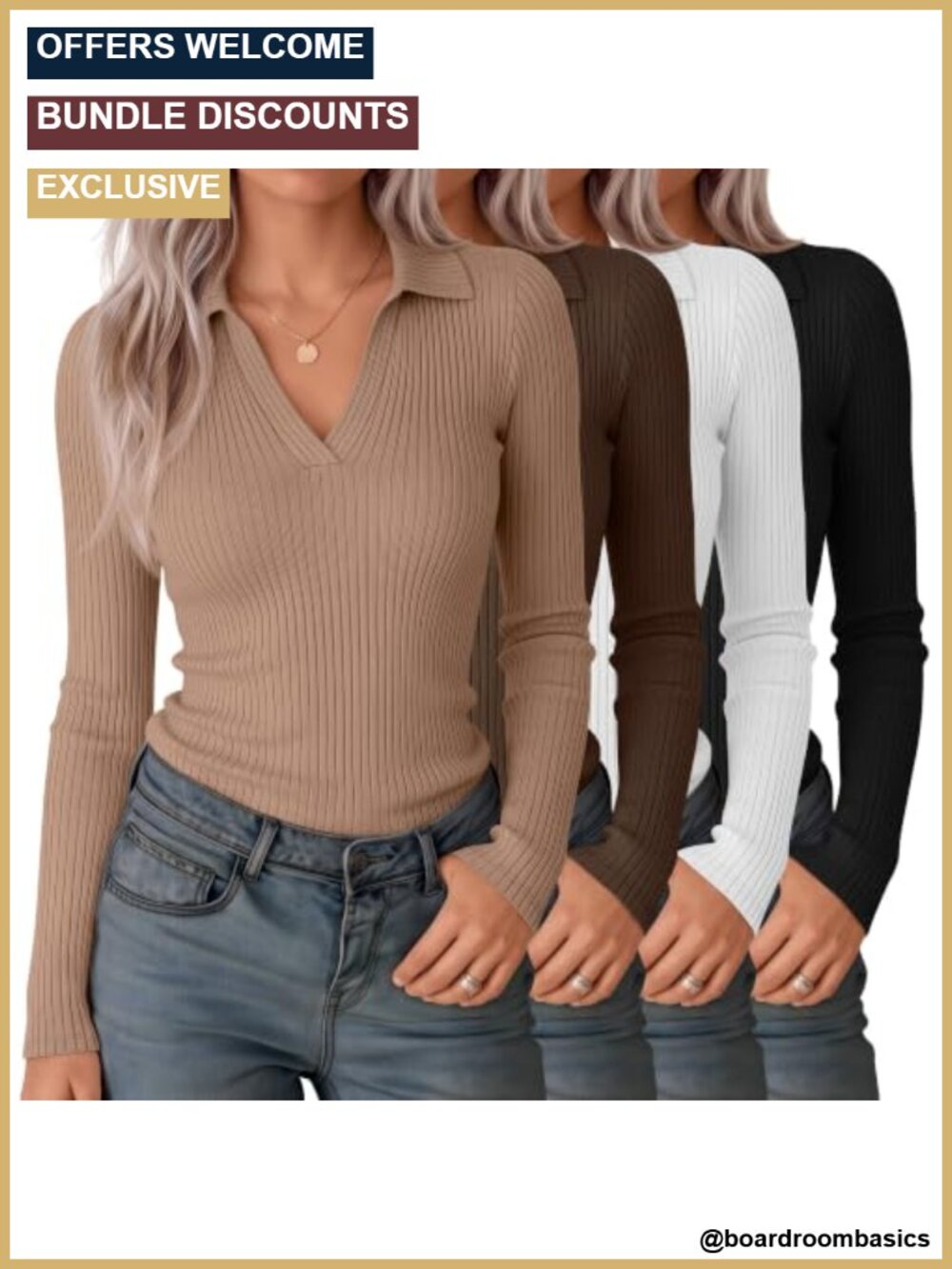 Womens Long Sleeve V-Neck Polo Shirts 4 Pack Ribbed Knit Collared Tops